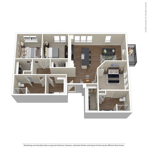 A 3D rendered image of a floor plan of an apartment.